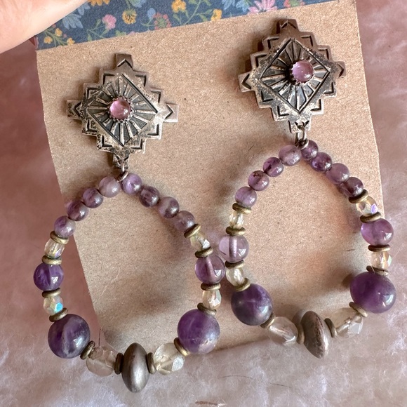Southwest Inspired Beaded Hoop Amethyst Earrings - Picture 2 of 8